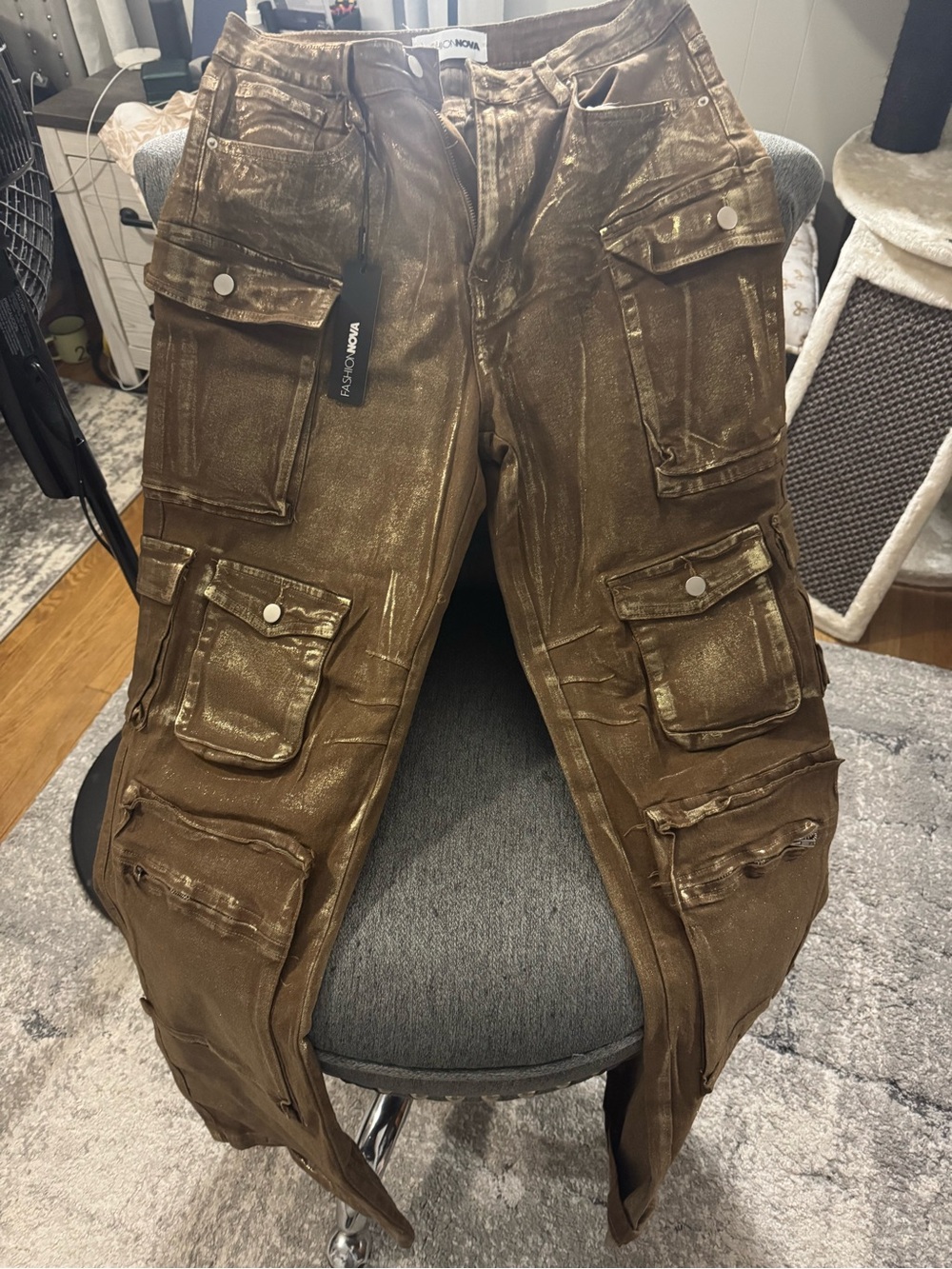 Fashion Nova Metallic Brown Cargo Wide-Leg Pants